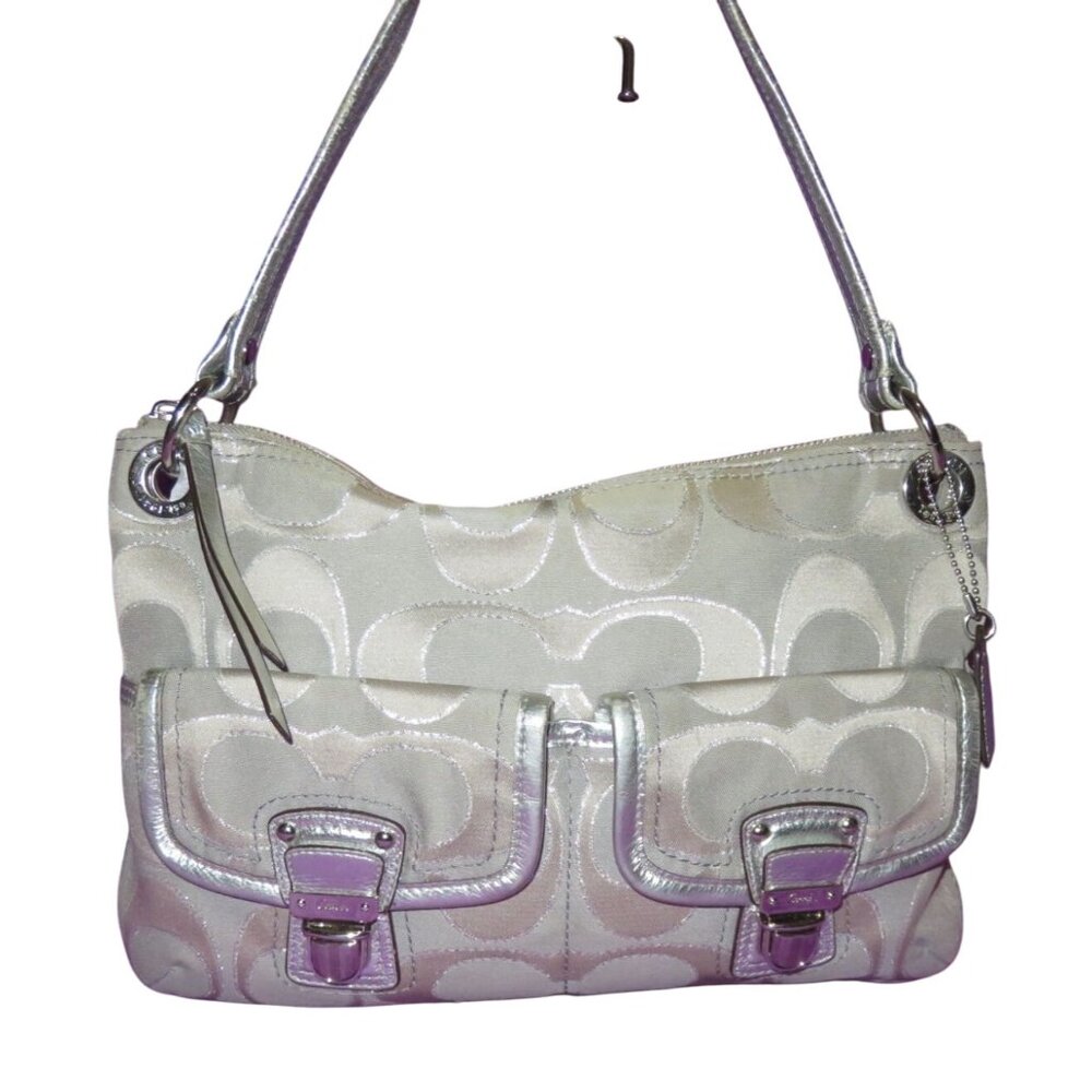 Coach 2012 Poppy Grey & Silver Metallic Signature Hippie Jacquard Bag Pushlock - Picture 1 of 14